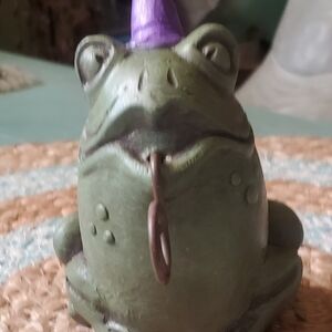 Green Frog Figurine with Purple Hat